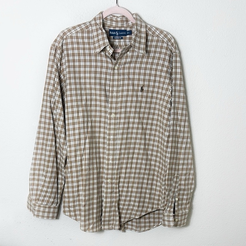 Ralph Lauren Classic Fit Plaid Beige Tan Long Sleeve Button Down Shirt size L
